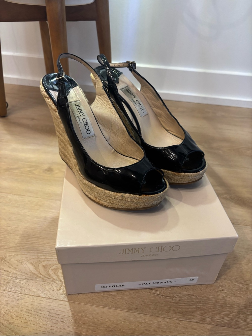 Jimmy Choo Black Patent Leather Peep-Toe Espadrille Wedges
